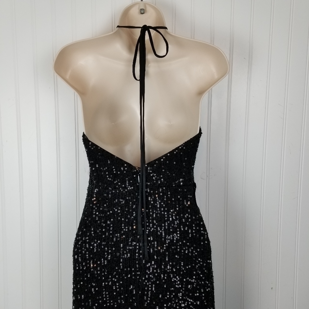 Maniju Halter Neck Sequin Side Slit Maxi Dress Black Prom Small NWT Style UN2132 - Picture 9 of 14